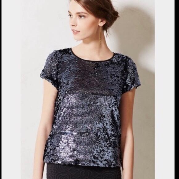 Leifsdottir Anthropologie blue sequin short sleeve top fall holiday New Years - Picture 1 of 7